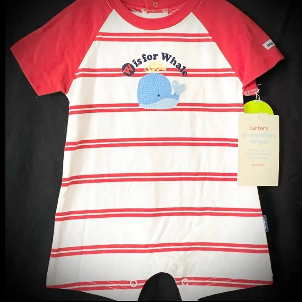 💞New Infant & Baby Boy Size 6 Months Red & White Striped “W is For Whale” Romper